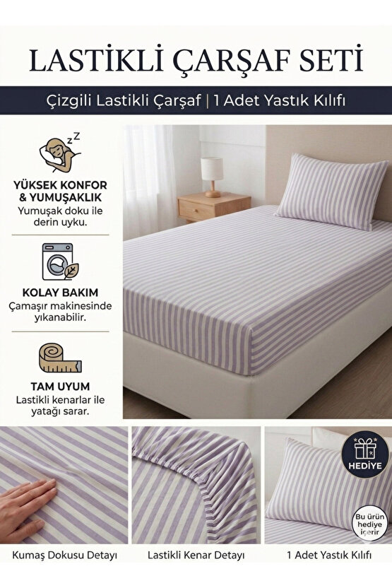 100x200cm Çizgili Tek Kişilik Pamuklu Lastikli Çarşaf ( Yastık Kılıfı 50x70cm HEDİYELİ )