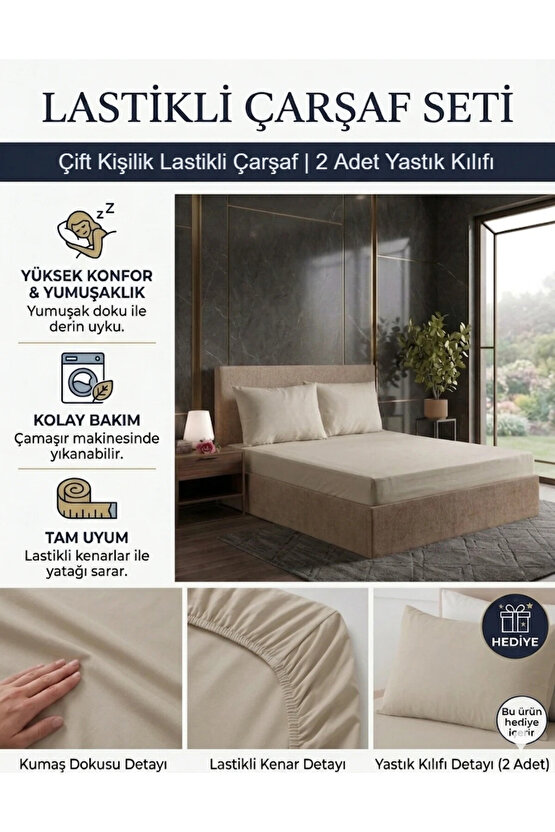 160x200cm Çift Kişilik Pamuklu Lastikli Çarşaf ( Yastık Kılıfı 50x70cm HEDİYELİ )