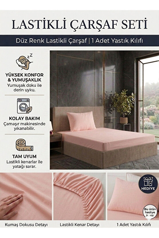 100x200cm Tek Kişilik Pamuklu Lastikli Çarşaf ( Yastık Kılıfı 50x70cm HEDİYELİ )