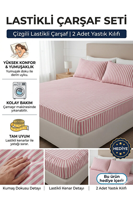 160x200cm Çizgili Çift Kişilik Pamuklu Lastikli Çarşaf ( Yastık Kılıfı 50x70cm HEDİYELİ )