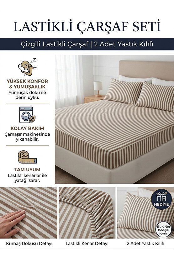 160x200cm Çizgili Çift Kişilik Pamuklu Lastikli Çarşaf ( Yastık Kılıfı 50x70cm HEDİYELİ )
