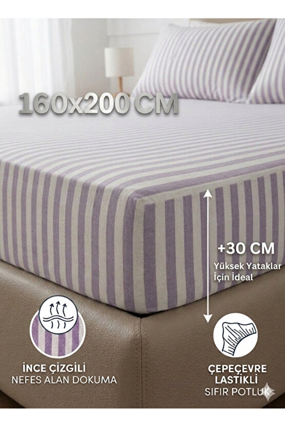 160x200cm Çizgili Çift Kişilik Pamuklu Lastikli Çarşaf ( Yastık Kılıfı 50x70cm HEDİYELİ )