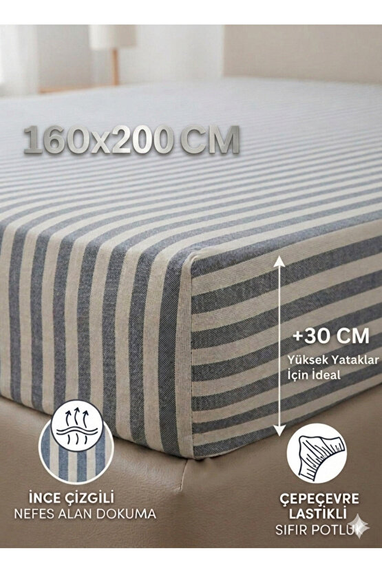 160x200cm Çizgili Çift Kişilik Pamuklu Lastikli Çarşaf ( Yastık Kılıfı 50x70cm HEDİYELİ )