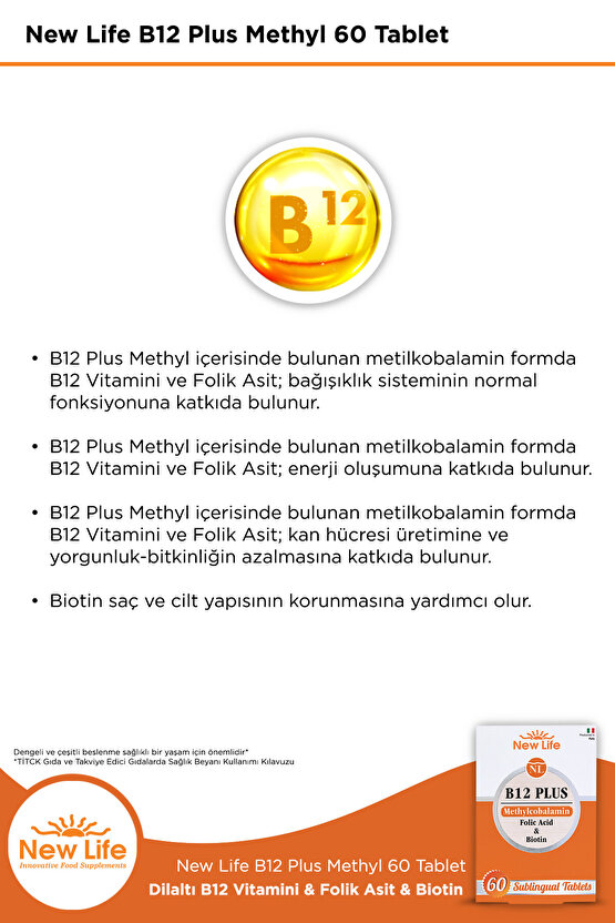B12 Plus 60 Dilaltı Tablet - Metilkobalamin - Biotin - Folik Asit