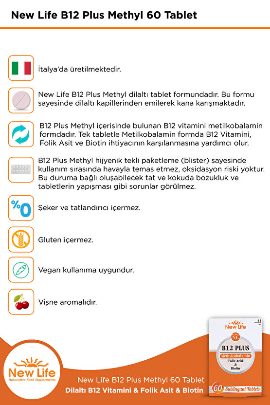B12 Plus 60 Dilaltı Tablet - Metilkobalamin - Biotin - Folik Asit