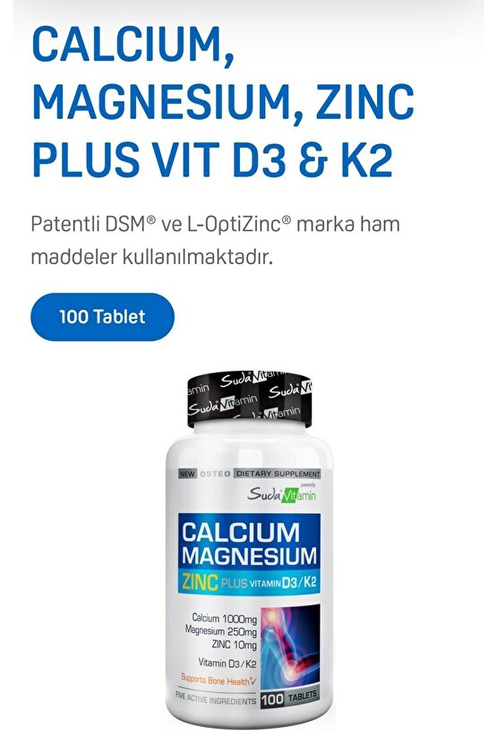 Kalsiyum Magnezyum Çinko Zinc Plus D3 & K2 İçeren Kas ve Kemik Desteği Vitamini 100 Tablet