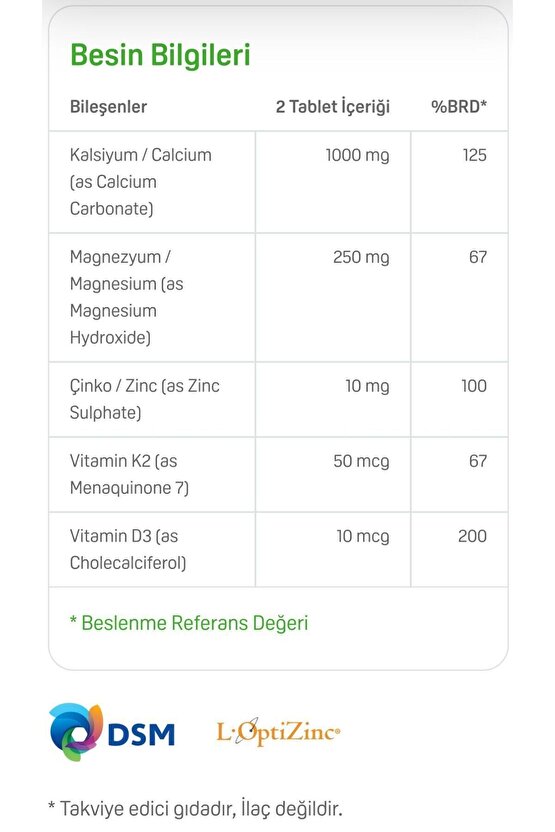 Kalsiyum Magnezyum Çinko Zinc Plus D3 & K2 İçeren Kas ve Kemik Desteği Vitamini 100 Tablet