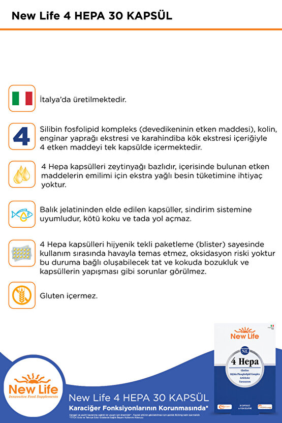 4 Hepa 30 Yumuşak Kapsül Kolin - Silibin Fosfolipid Kompleksi - Enginar - Karahindiba