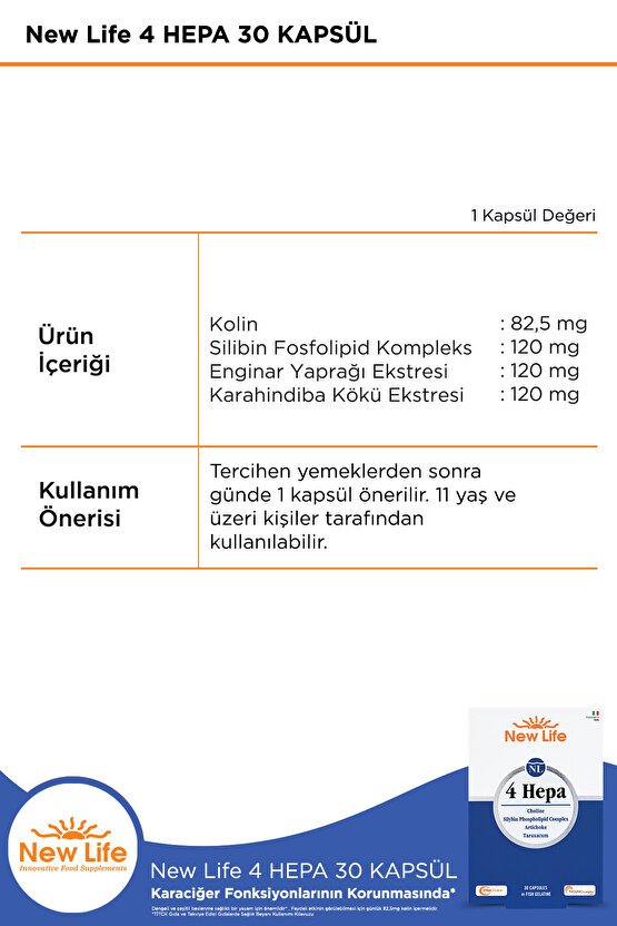 4 Hepa 30 Yumuşak Kapsül Kolin - Silibin Fosfolipid Kompleksi - Enginar - Karahindiba