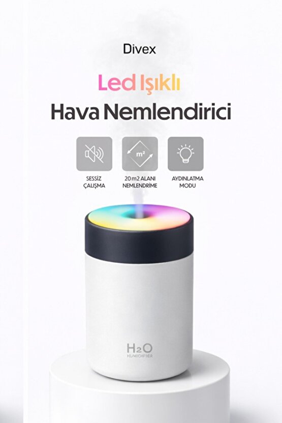 Led Işıklı Hava Nemlendirici - 20 m2 Etkili Ultrasonik Buhar Makinesi - RGB Aroma Difüzörü