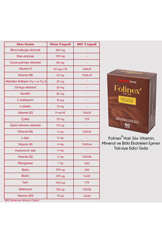 Folinex Hair 24x Vitamin, Mineral ve Bitki Ekstreleri İçeren Takviye Edici Gıda 60 Kapsül ( Eczane Satışı )