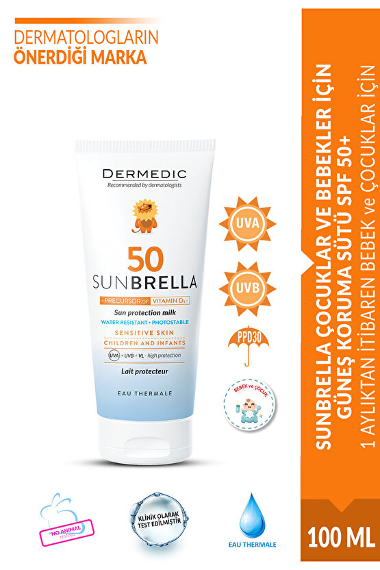 SUNBRELLA ÇOCUKLAR VE BEBEKLER İÇİN GÜNEŞ KORUMA SÜTÜ SPF 50+ 100 ML