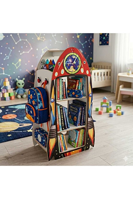 Roket Modelli Gerçek Saatli 4 Taraflı Yazı Tahtalı Askılıklı Montessori Kitaplık ve Oyuncak kutusu