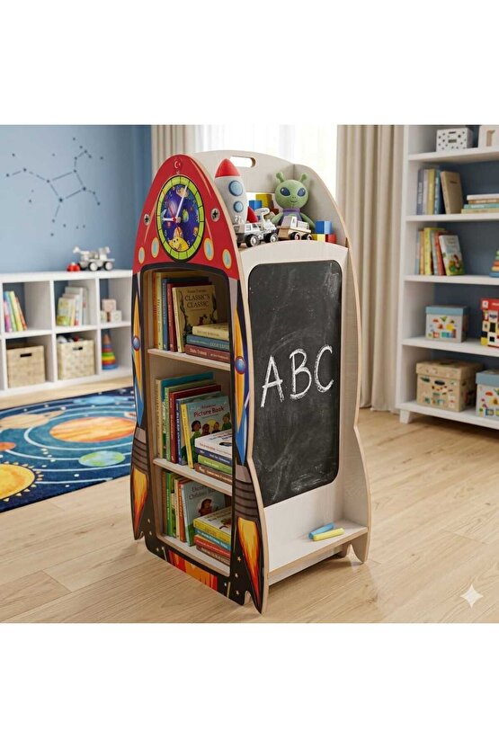 Roket Modelli Gerçek Saatli 4 Taraflı Yazı Tahtalı Askılıklı Montessori Kitaplık ve Oyuncak kutusu