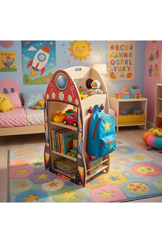 Roket Modelli Gerçek Saatli 4 Taraflı Yazı Tahtalı Askılıklı Montessori Kitaplık ve Oyuncak kutusu