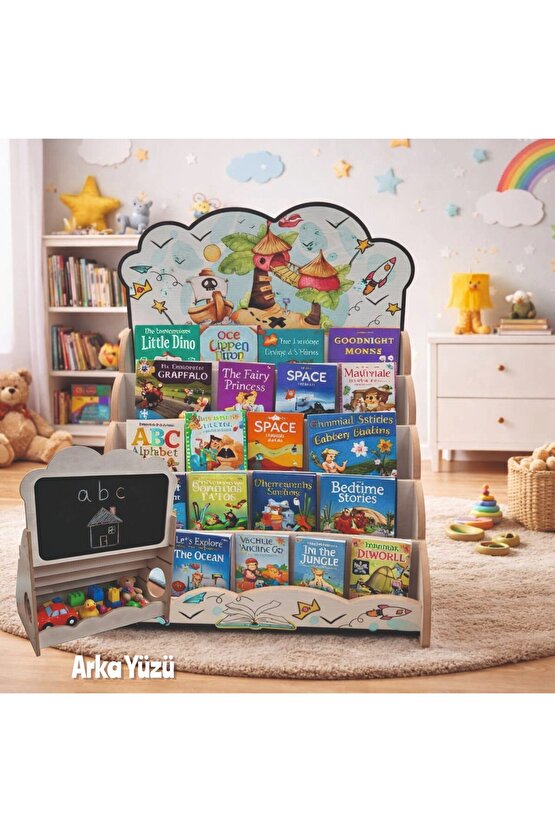 Montessori Yazı Tahtalı Hayal Dünyası Temali 5 Raflı Kitaplık ve Oyuncak Saklama Yerli