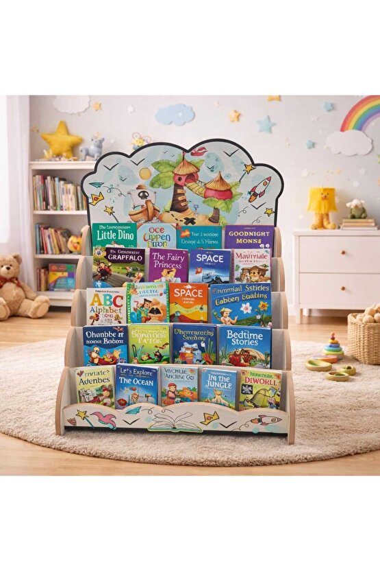 Montessori Yazı Tahtalı Hayal Dünyası Temali 5 Raflı Kitaplık ve Oyuncak Saklama Yerli