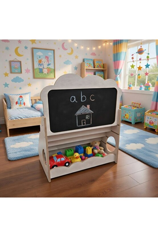 Montessori Yazı Tahtalı Hayal Dünyası Temali 5 Raflı Kitaplık ve Oyuncak Saklama Yerli