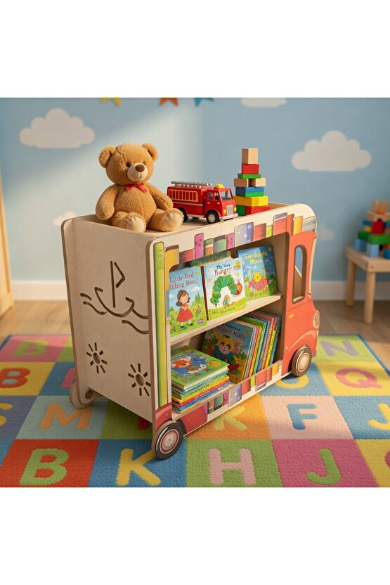 Montessori Dekoratif Çocuk Odası Kitaplığı ve Tekerlekli Oyuncak Kutusu Kamyonu