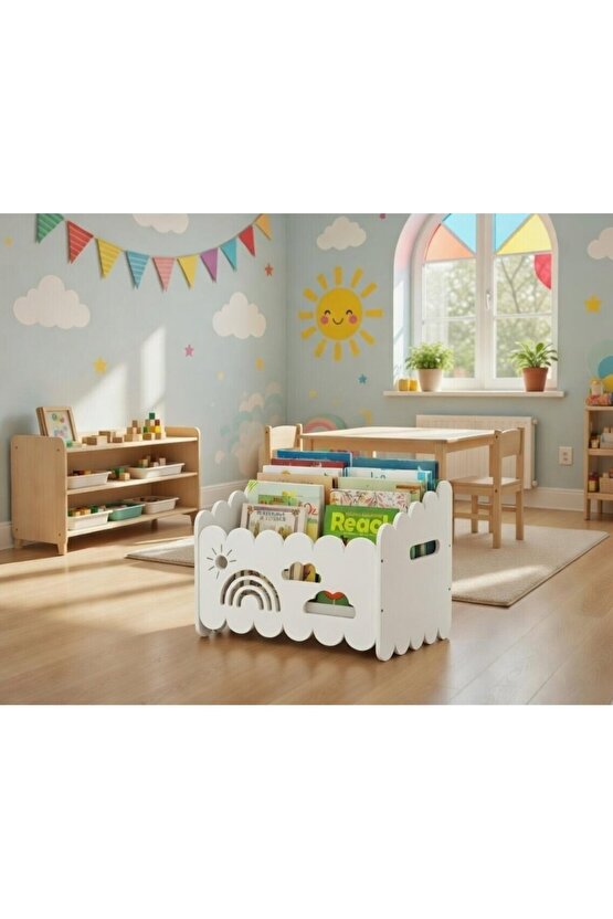 Montessori Ahşap Oyuncak ve Kitap saklama Kutusu Beyaz