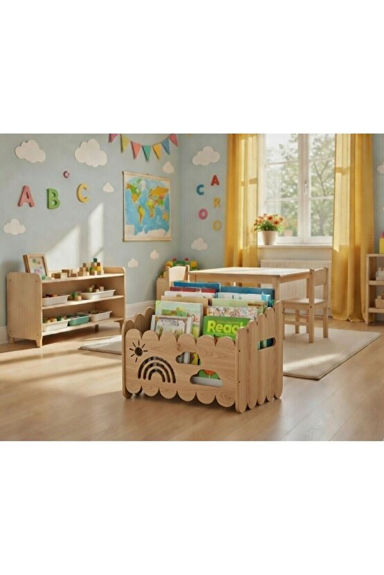 Montessori Ahşap Oyuncak ve Kitap saklama Kutusu