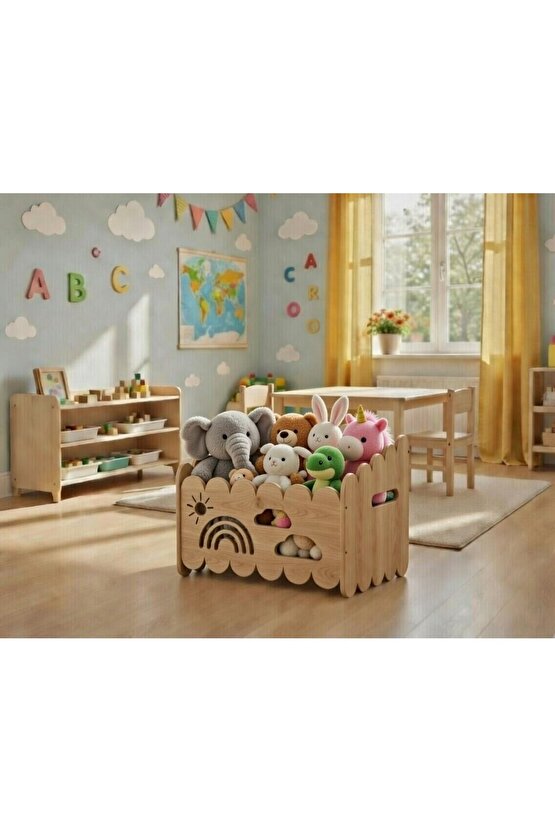 Montessori Ahşap Oyuncak ve Kitap saklama Kutusu