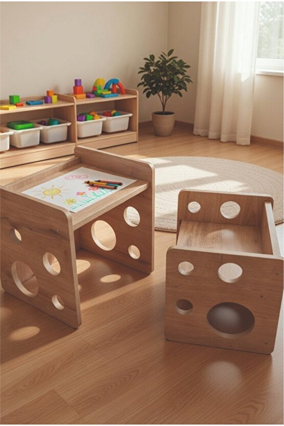 Okul Öncesi Montessori Aktivite Çalışma Masası Takımı ve Basamaklı Tabure Çok Amaçlı