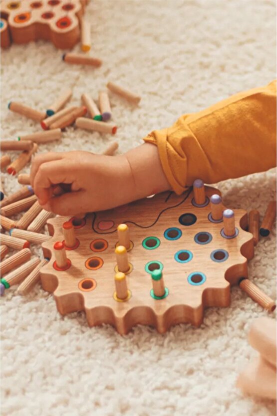 Montessori Ahşap Duyusal Eğitici Oyuncak Renkli Pim Takmalı Tavus Kuşu