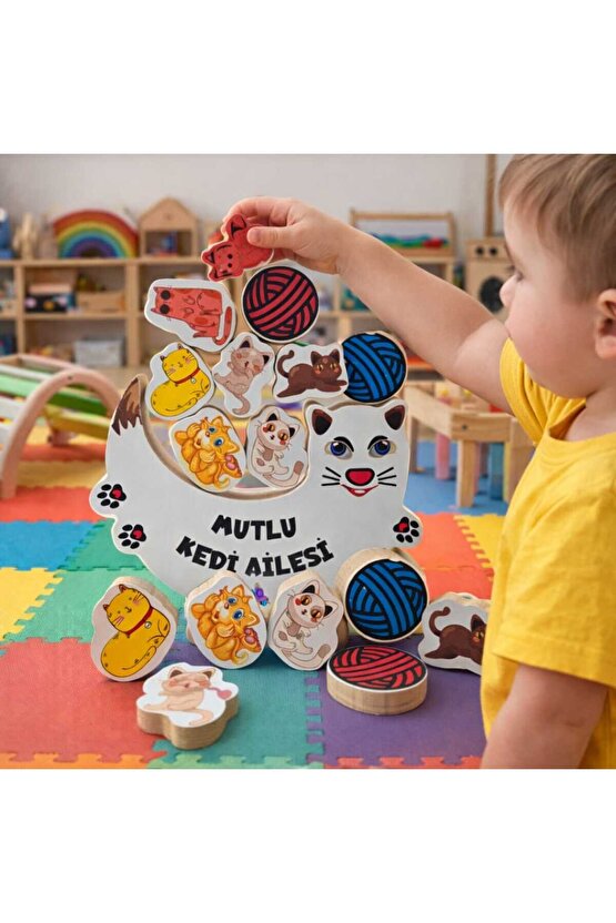 Mutlu Kedi Ailesi Ahşap Koordinasyon ve Denge Oyunu