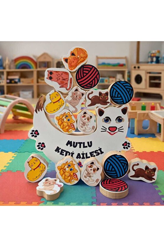 Mutlu Kedi Ailesi Ahşap Koordinasyon ve Denge Oyunu