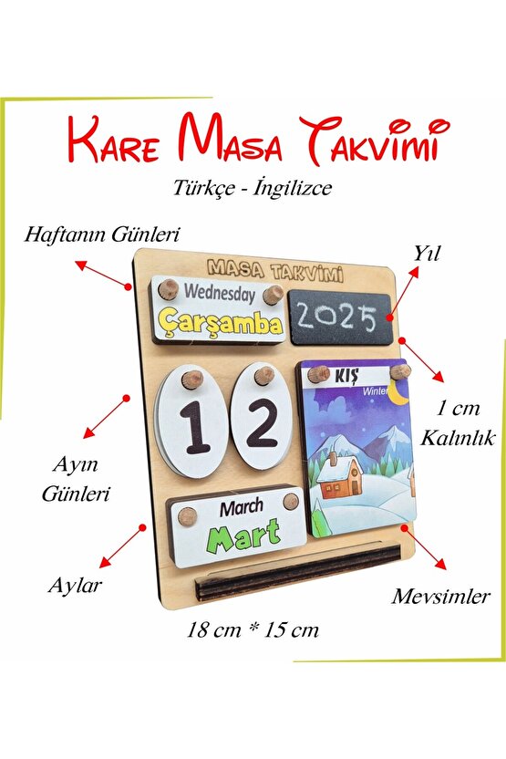 Ahşap Kare Masa Takvimi Türkçe İngilizce Öğrenimi