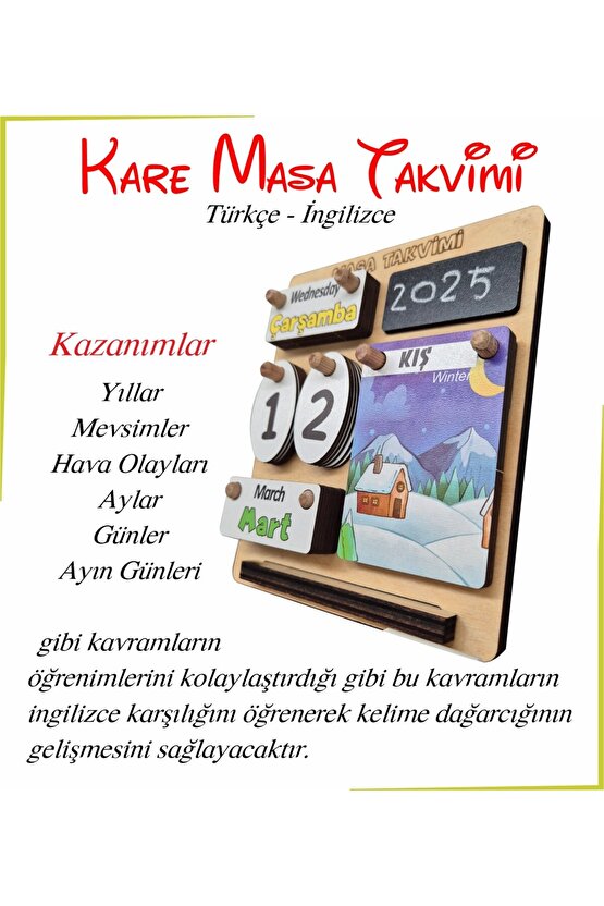 Ahşap Kare Masa Takvimi Türkçe İngilizce Öğrenimi