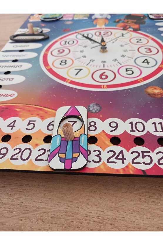 Rusça Mekanizmalı Uzay Temalı Montessori Duvar Takvimi Aylar , haftanın günleri ve mevsimler