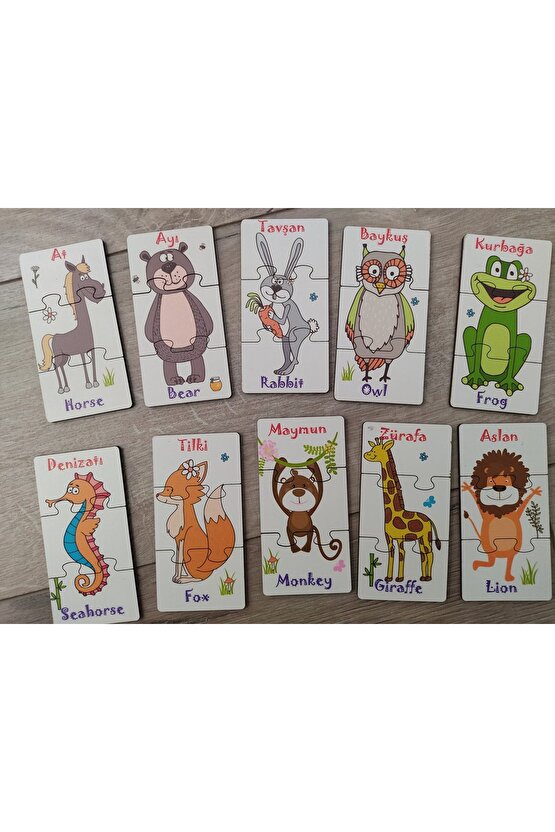 Hayvanlar 3lü Ahşap Renkli Puzzle 10 Parça