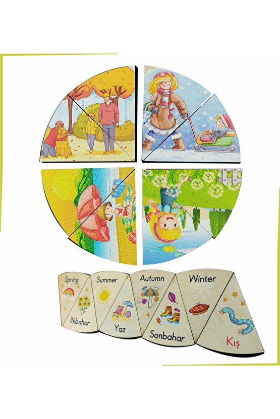 Türkçe Ingilizce Mevsimler Ve Özelliklerini Öğreniyorum Ahşap Renkli Çift Taraflı Yapboz Puzzle