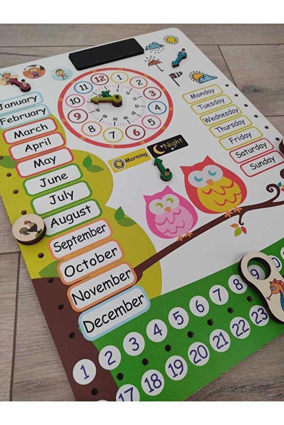 Montessori Ingilizce Ahşap Saatli Eğitici Takvim Günler, Aylar, Mevsimler, Hava Durumu, Rakamlar