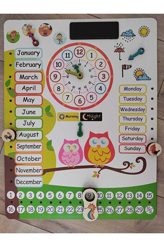 Montessori Ingilizce Ahşap Saatli Eğitici Takvim Günler, Aylar, Mevsimler, Hava Durumu, Rakamlar