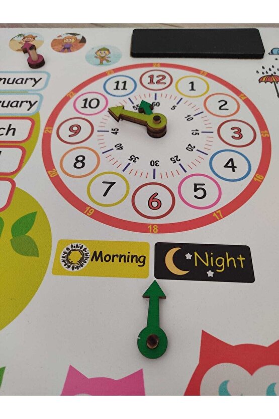Montessori Ingilizce Ahşap Saatli Eğitici Takvim Günler, Aylar, Mevsimler, Hava Durumu, Rakamlar