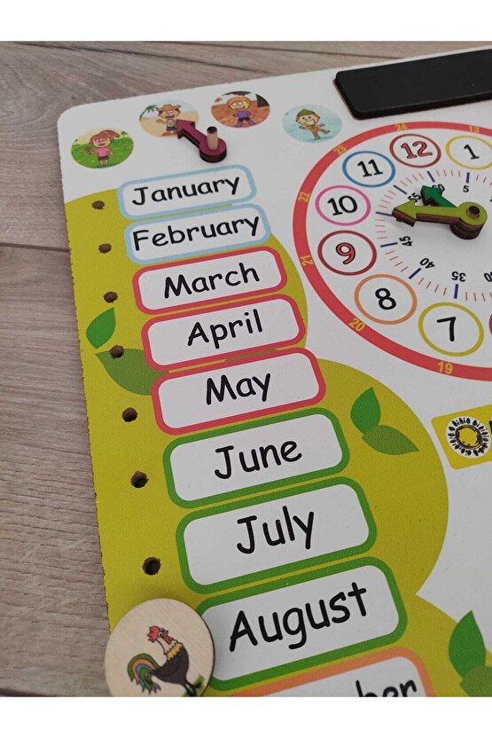 Montessori Ingilizce Ahşap Saatli Eğitici Takvim Günler, Aylar, Mevsimler, Hava Durumu, Rakamlar