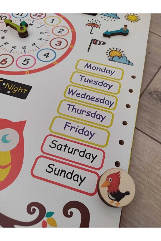 Montessori Ingilizce Ahşap Saatli Eğitici Takvim Günler, Aylar, Mevsimler, Hava Durumu, Rakamlar