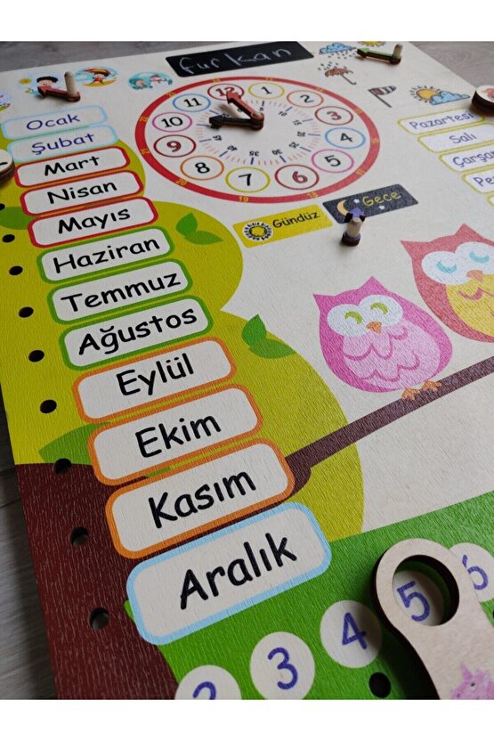Montessori Ahşap Saatli Eğitici Takvim Günler, Aylar, Mevsimler, Hava Durumu, Rakamlar