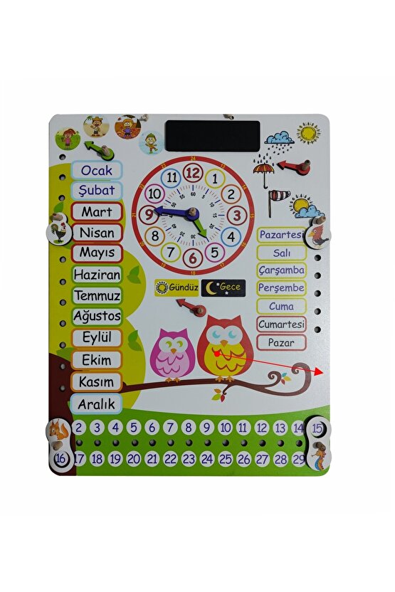 Montessori Ahşap Saatli Eğitici Takvim Günler, Aylar, Mevsimler, Hava Durumu, Rakamlar