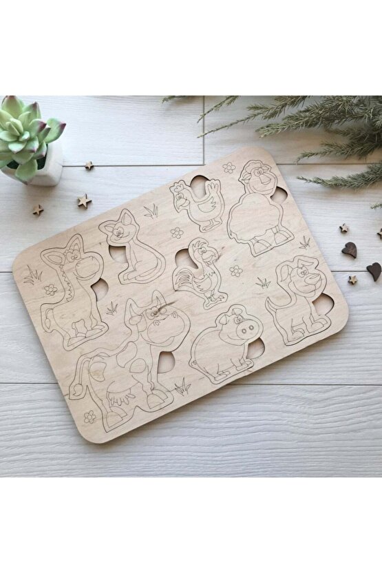 Montessori Boyanabilir 3lü Puzzle Seti Hayvanlar Meyveler Ve Sebzeler Doğal Ahşap