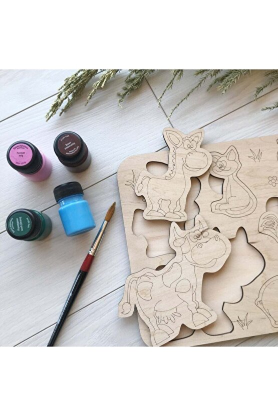 Montessori Boyanabilir 3lü Puzzle Seti Hayvanlar Meyveler Ve Sebzeler Doğal Ahşap