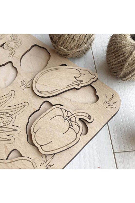Montessori Boyanabilir 3lü Puzzle Seti Hayvanlar Meyveler Ve Sebzeler Doğal Ahşap