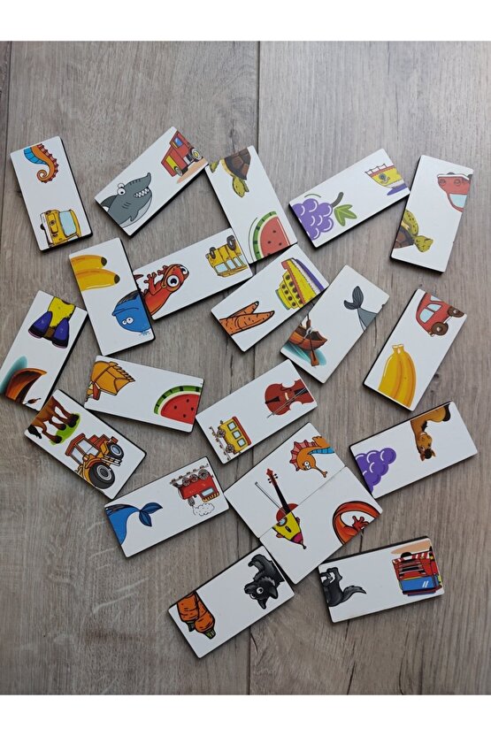 Ahşap Renkli Domino Hayvanlar, Meyveler Ve Taşıtlar Puzzle