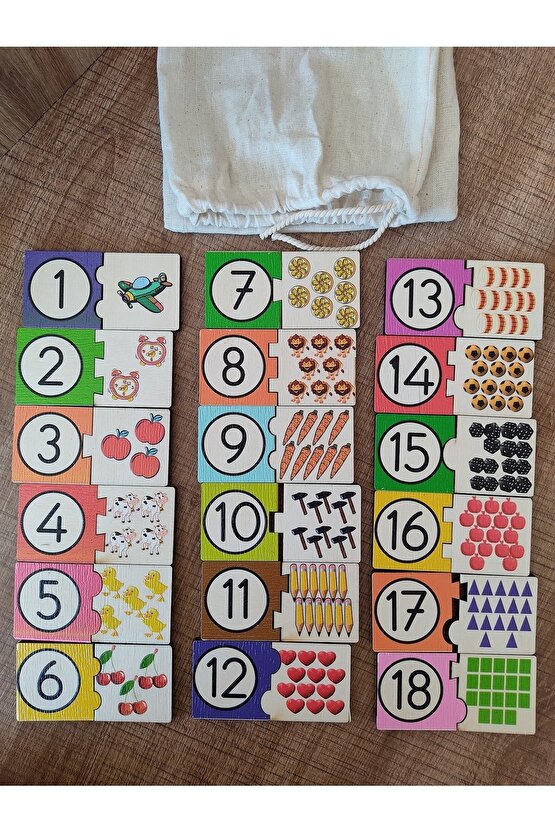 Montessori Renkli Sayı Ve Miktarları Eşleştirme Ahşap Puzzle 18 Rakam