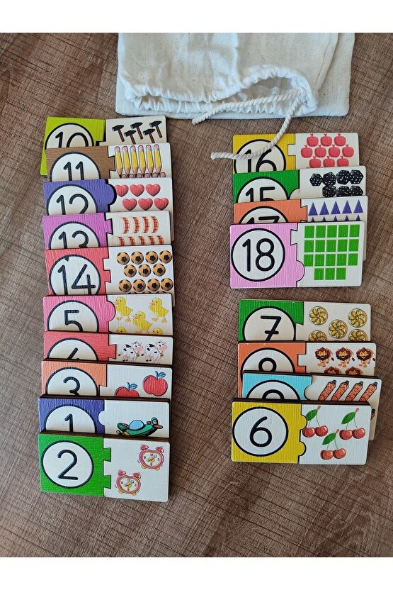 Montessori Renkli Sayı Ve Miktarları Eşleştirme Ahşap Puzzle 18 Rakam