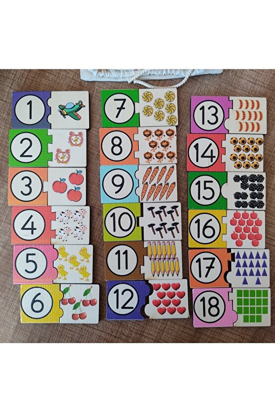 Montessori Renkli Sayı Ve Miktarları Eşleştirme Ahşap Puzzle 18 Rakam
