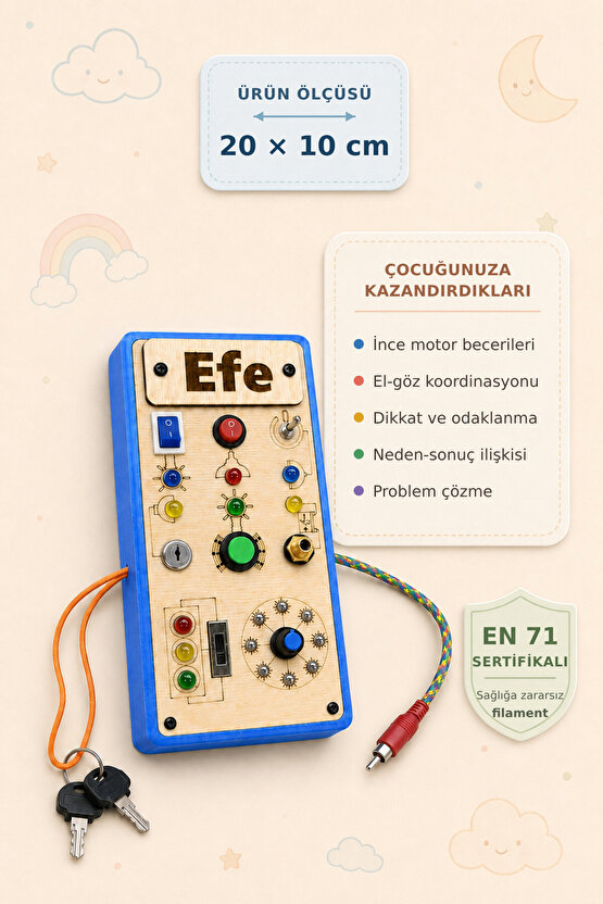 Çocuklar İçin Eğitici Montessori Işıklı Oyun Panosu - Mavi - Zeka Geliştirici Oyuncak